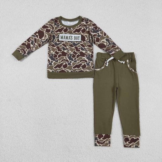 BLP1330  boys MAMA'S BOY camo long sleeve green pant zipper outfits embroidery