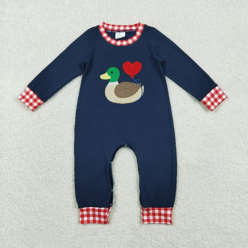 Matching Baby girls boys Valentine's love duck navy red checkered outfits embroidery