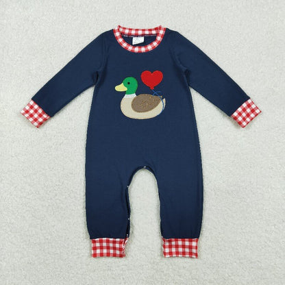 Matching Baby girls boys Valentine's love duck navy red checkered outfits embroidery