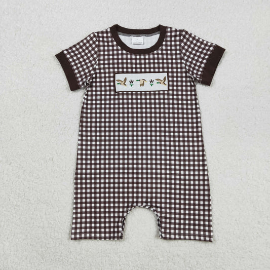 SR3164 baby boys short sleeve duck brown checkered romper embroidery