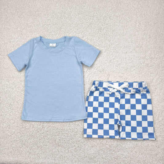 BSSO1469 Boy blue short sleeve checkered shorts outfits