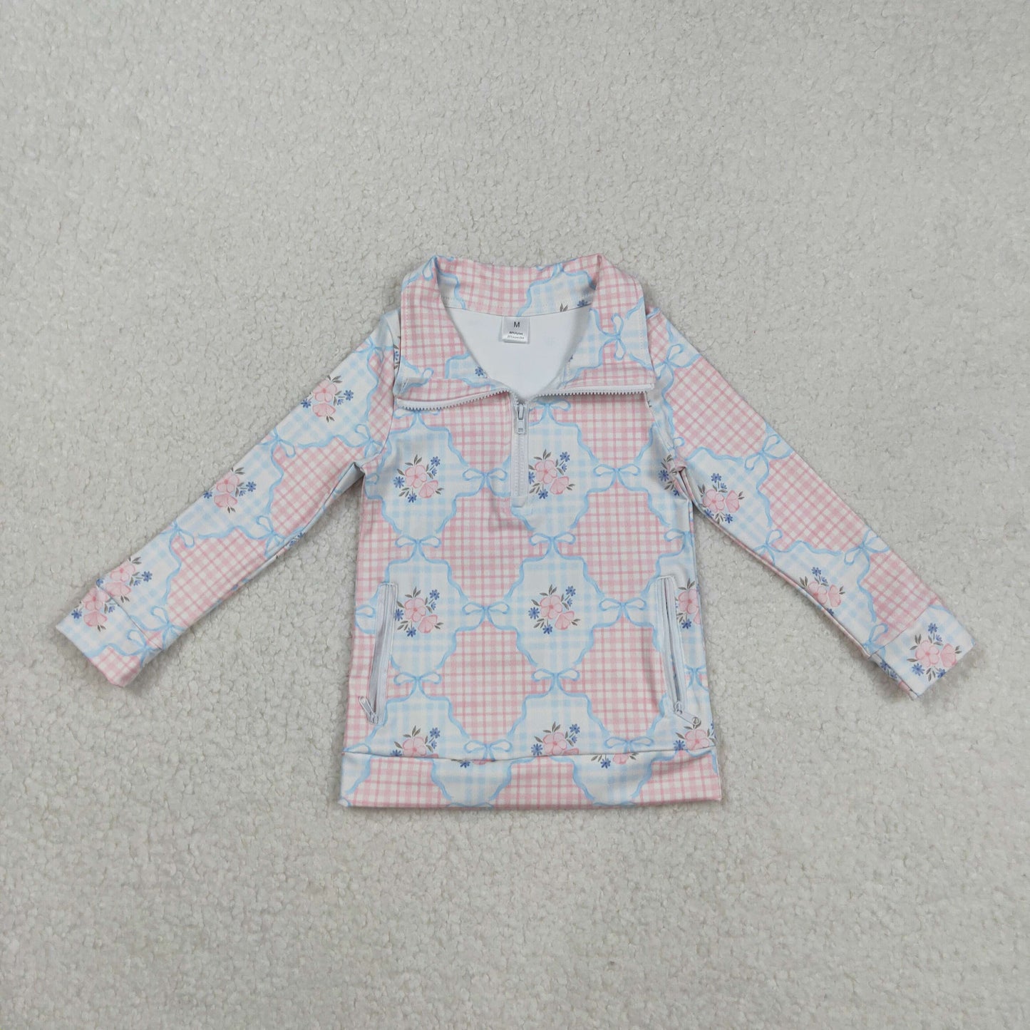 GT1062 baby girls checkered blue flower zipper long sleeve top yoga