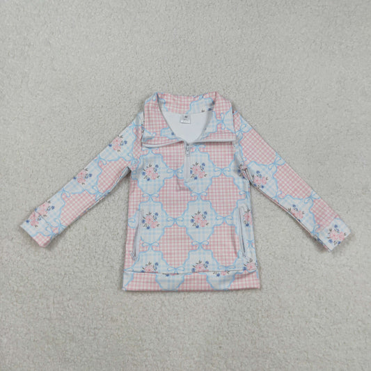 GT1062 baby girls checkered blue flower zipper long sleeve top yoga