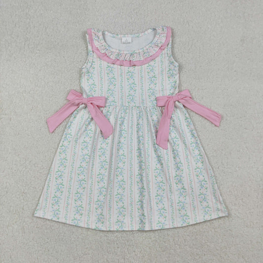 GSD2678 girls sleeveless pink bow green flower Dress