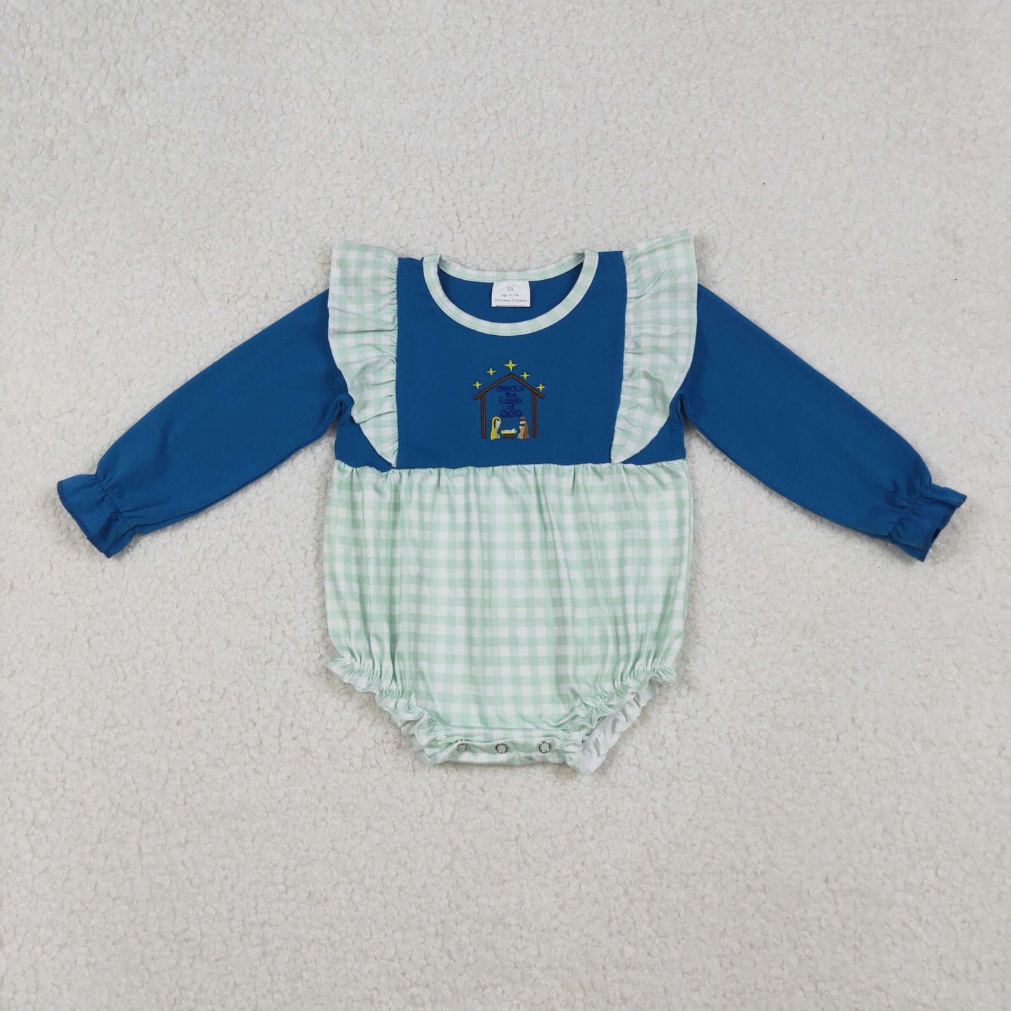 LR2477 baby girls Easter navy checkered green romper embroidery