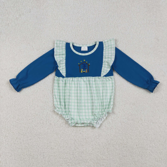 LR2477 baby girls Easter navy checkered green romper embroidery