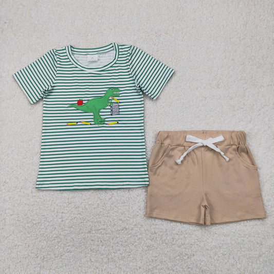 BSSO1416 Boys Back To School green stripe dinosaur shorts outfits embroidery