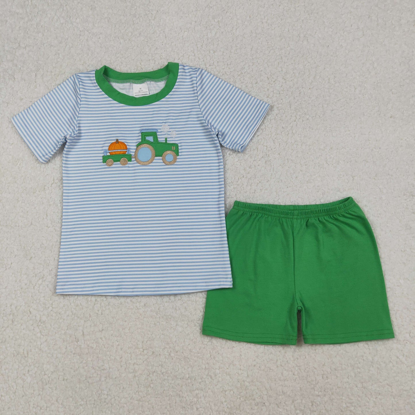 BSSO1549 Boys pumpkin stripe blue green shorts outfits embroidery