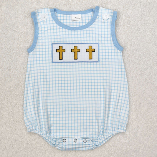 SR2505 Baby sleeveless crosing blue checked romper embroidery