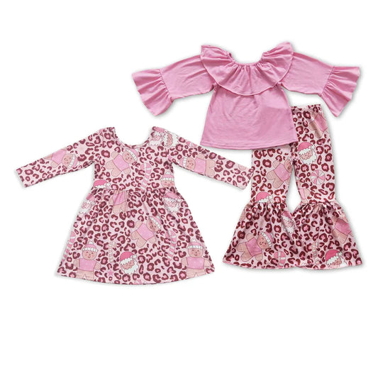 Matching Baby girls Christmas Santa leopard pink dress outfits long sleeves