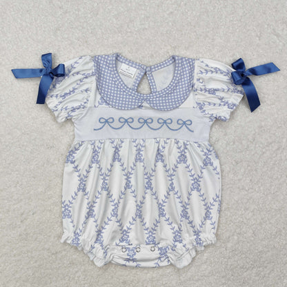 SR2146  Baby white blue cross short sleeve romper embroidery