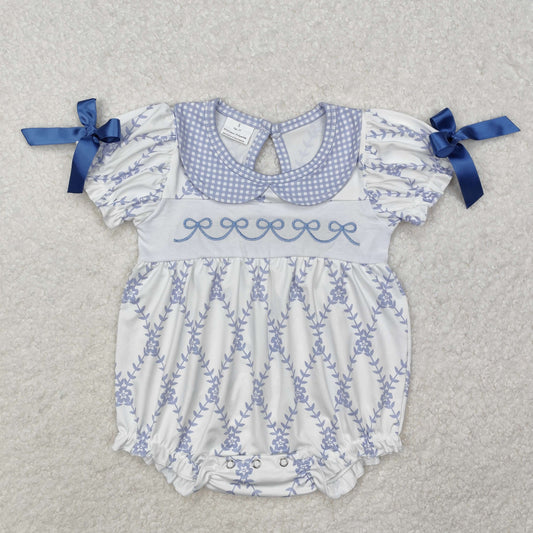 SR2146  Baby white blue cross short sleeve romper embroidery