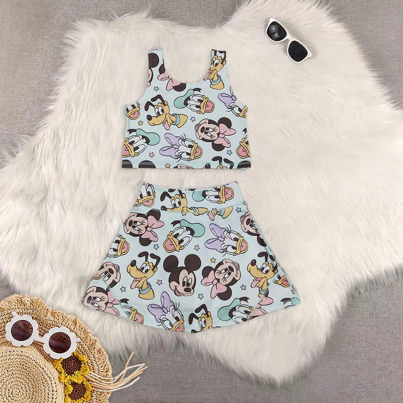 Matching RTS baby girl clothes cartoon sleeveless skirt yoga set
