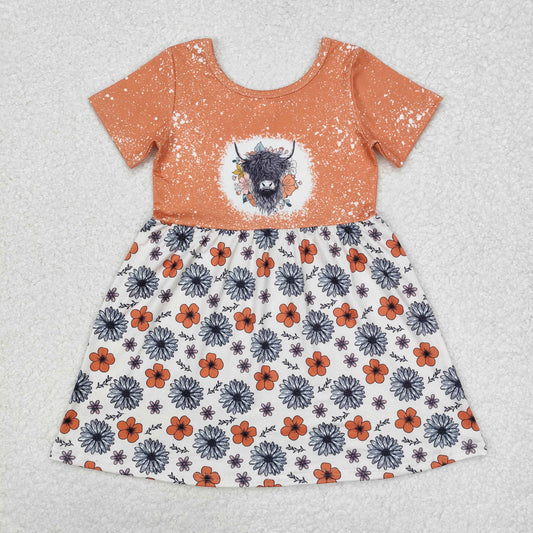 GSD1253 Short sleeves highland cow floral girls dress