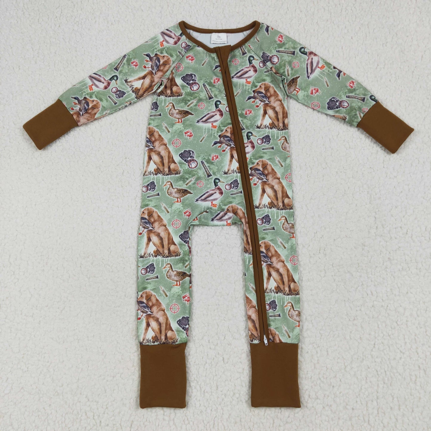 LR2234 baby boys brown green hunting duck zipper romper