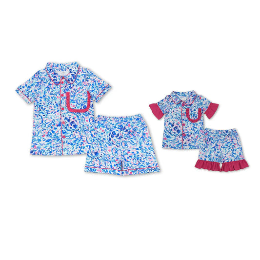 Family Matching Adult women Baby kids pocket blue shorts pajamas