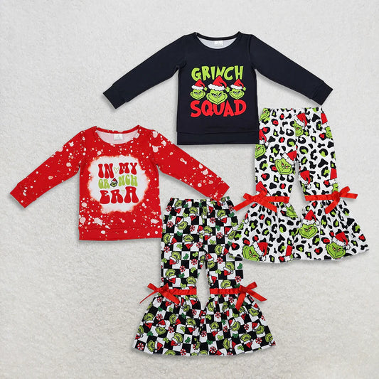 Matching Girls Christmas cartoon long bell pant bow outfits
