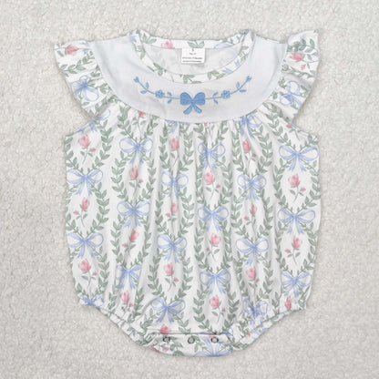 SR2543 Baby girls flying sleeve bow blue romper embroidery