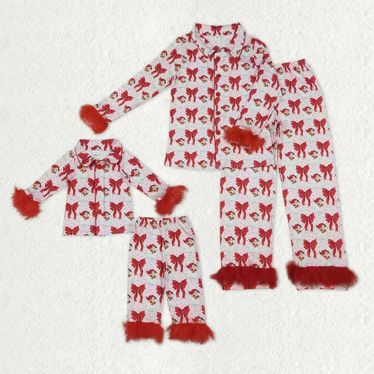 Family Matching Adult Baby girls Santa bow red furry clothing pajamas