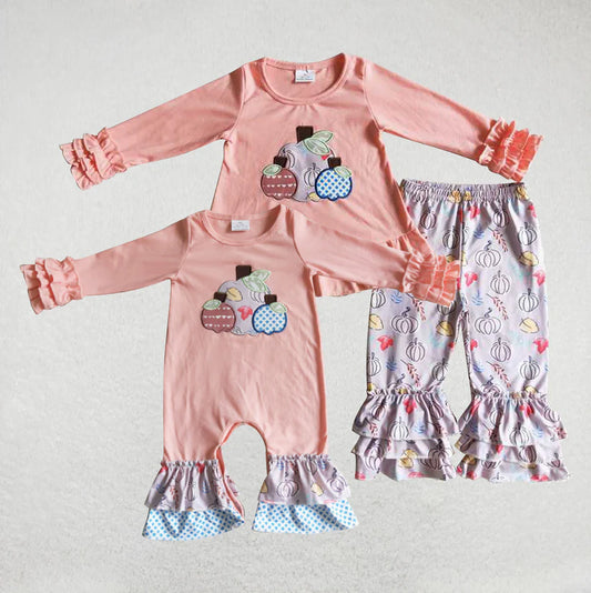 Matching Baby girls Halloween pumpkin outfits romper clothing embroidery