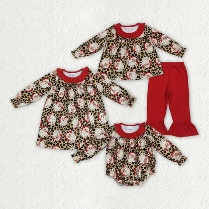 Matching Baby girls Christmas Santa Leopard outfits long sleeves