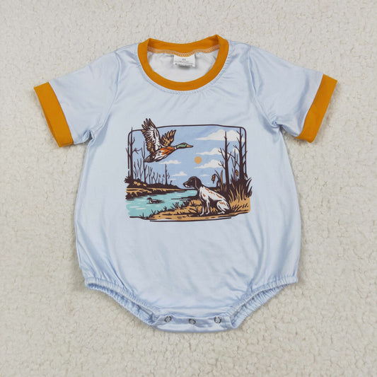 SR3093 Baby boys blue orange short sleeve duck dog romper