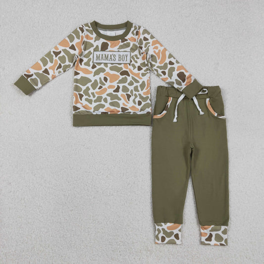 BLP1339 boys MAMA'S BOY brown camo long sleeves pant outfits embroidery