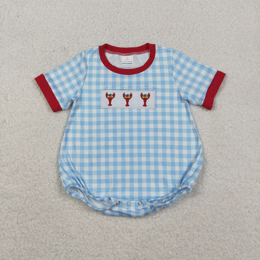 SR3257 baby boys Mardi Gras Lobster short sleeve blue checkered romper embroidery