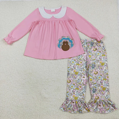Matching Baby Thanksgiving turkey pink blue clothing embroidery
