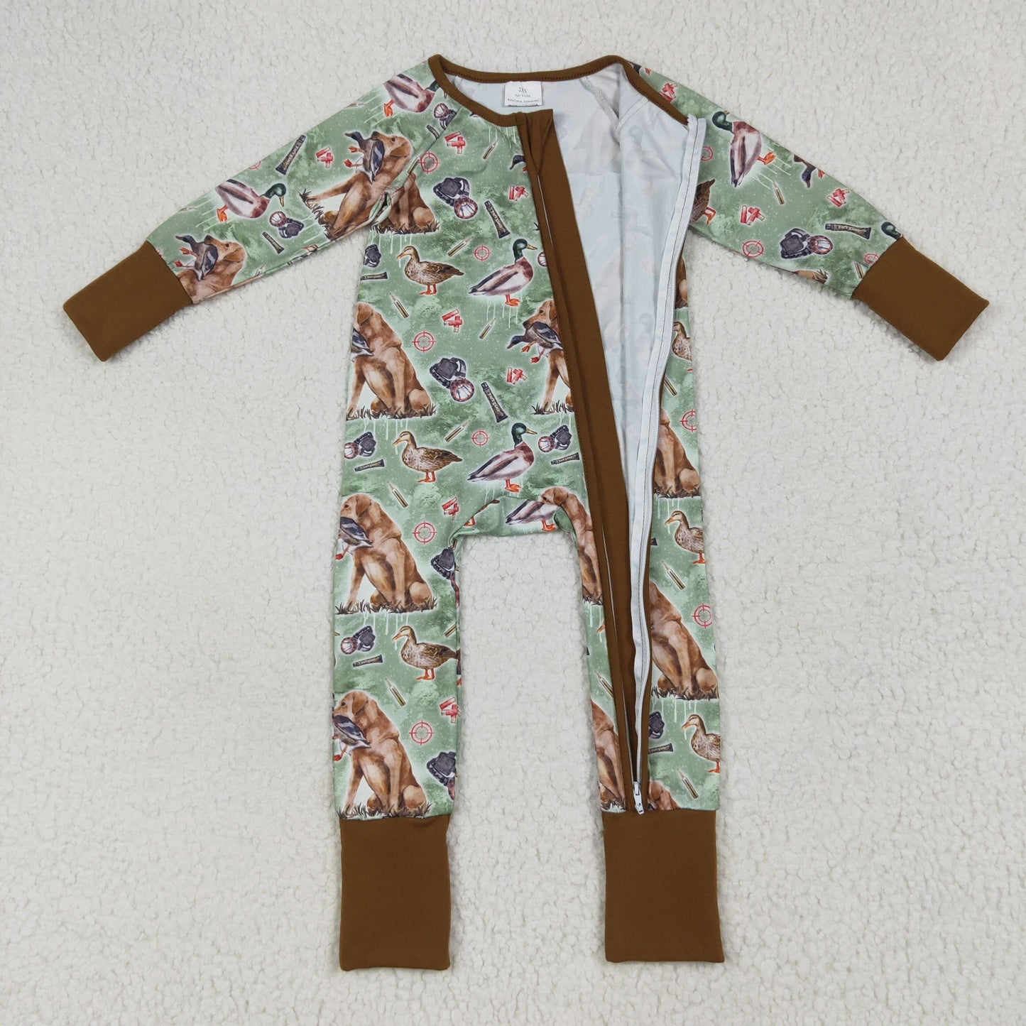 LR2234 baby boys brown green hunting duck zipper romper