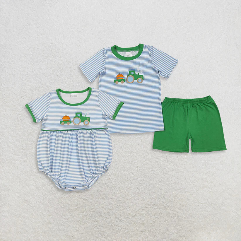 Matching Baby boys halloween pumpkin green stripe clothes embroidery