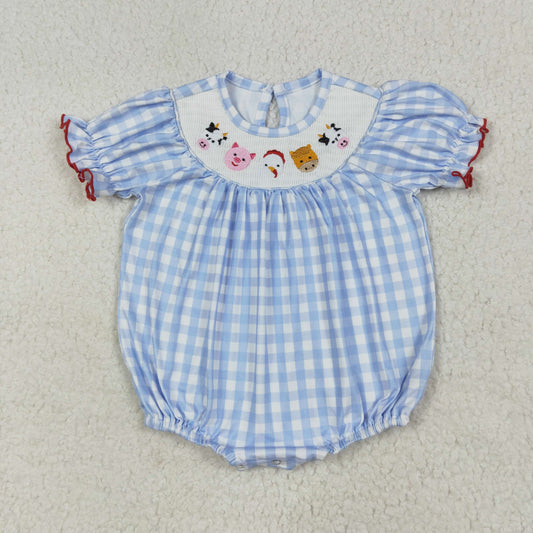 SR2981 Baby girls blue checkered form romper smocked