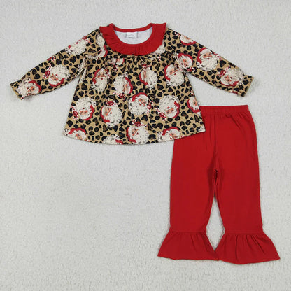 Matching Baby girls Christmas Santa Leopard outfits long sleeves