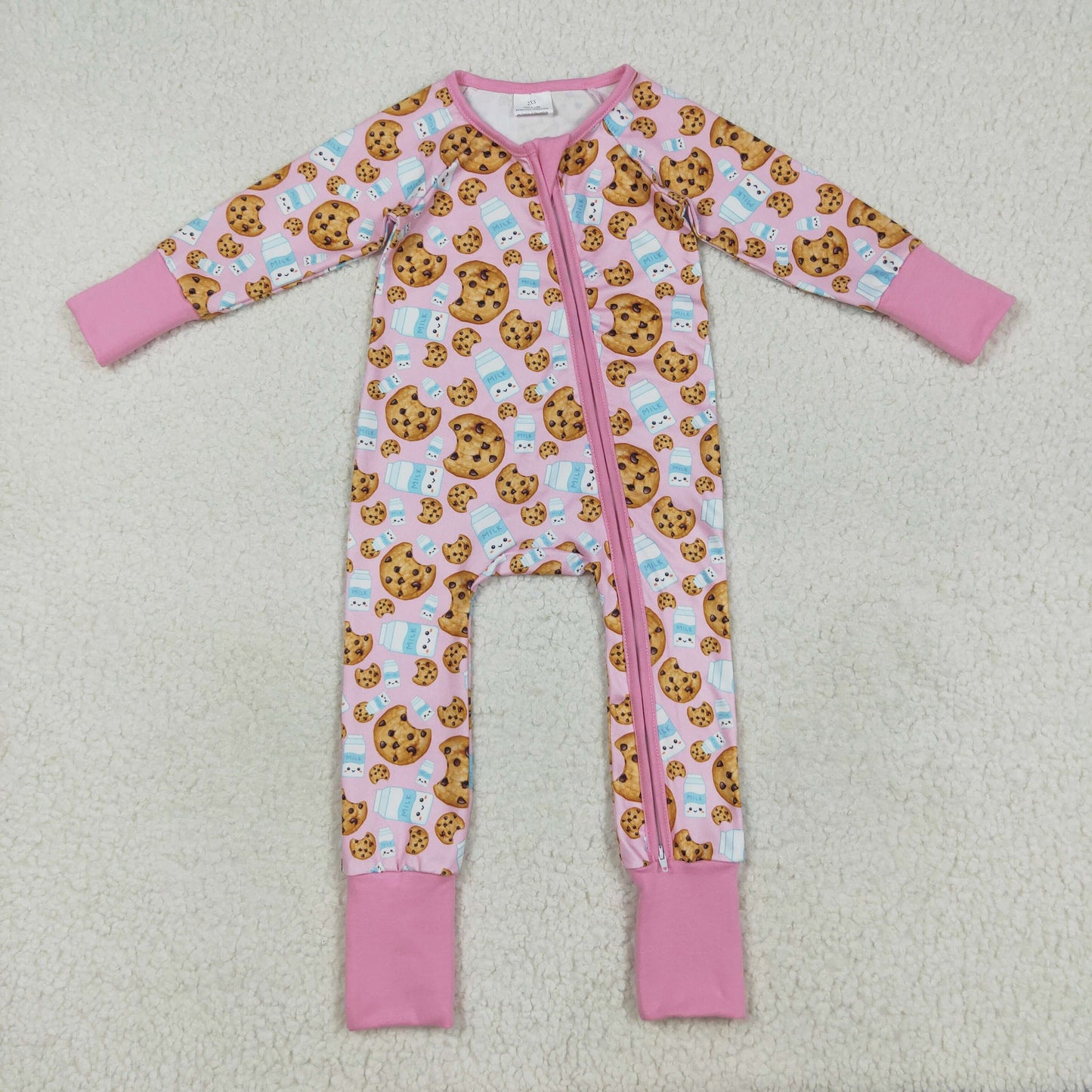 LR2398 baby girls cookie milk zipper pink romper