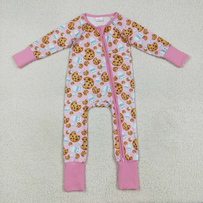 LR2398 baby girls cookie milk zipper pink romper