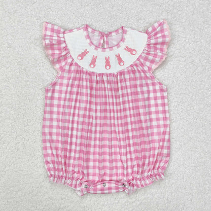 SR2215 Baby girls Easter pink bunny plaid flying sleeve romper embroidery