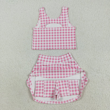 GSD2786  girls pink checkered skirt outfits yoga