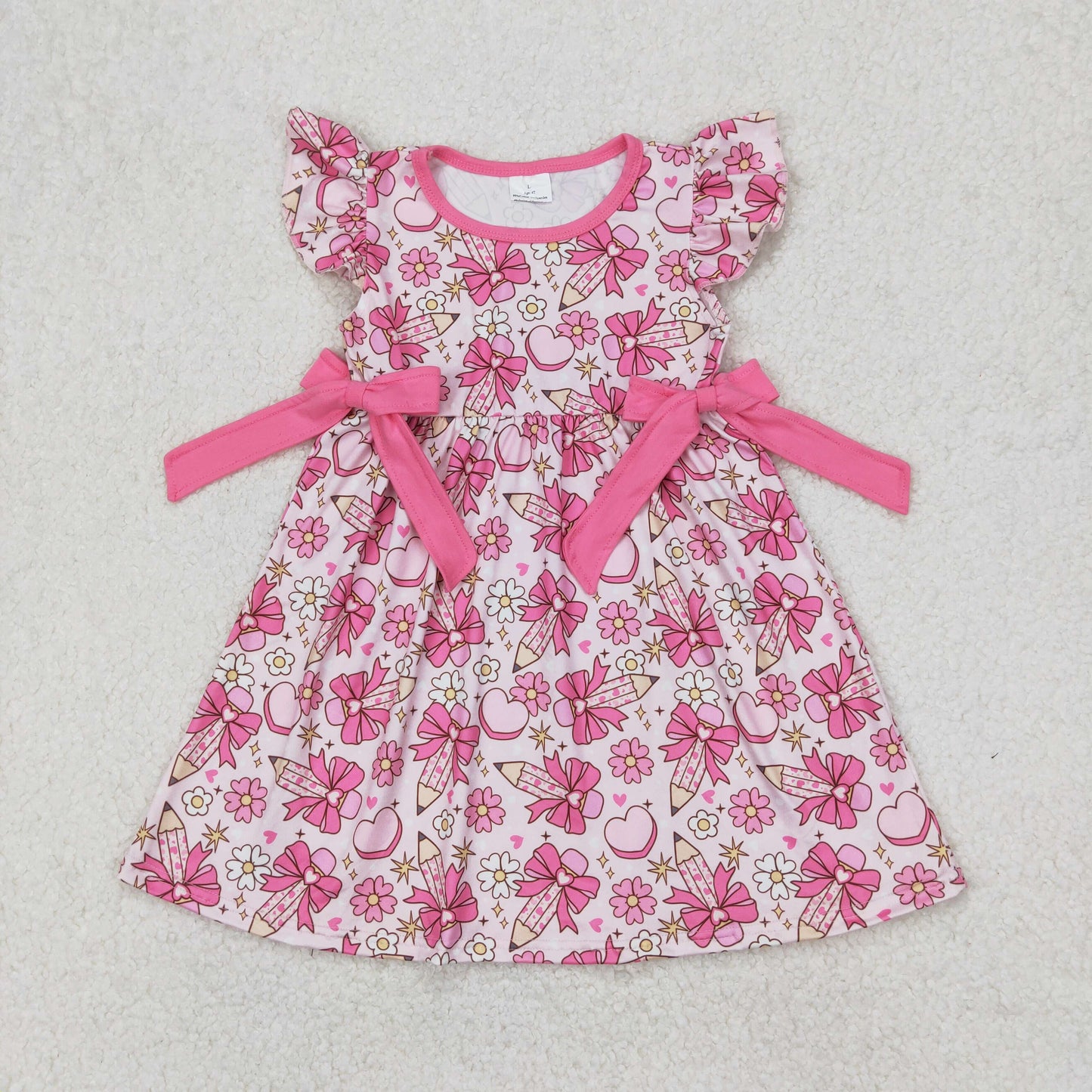 GSD1820 baby Girls Back To School pink Pencil  flying sleeve bow Dress