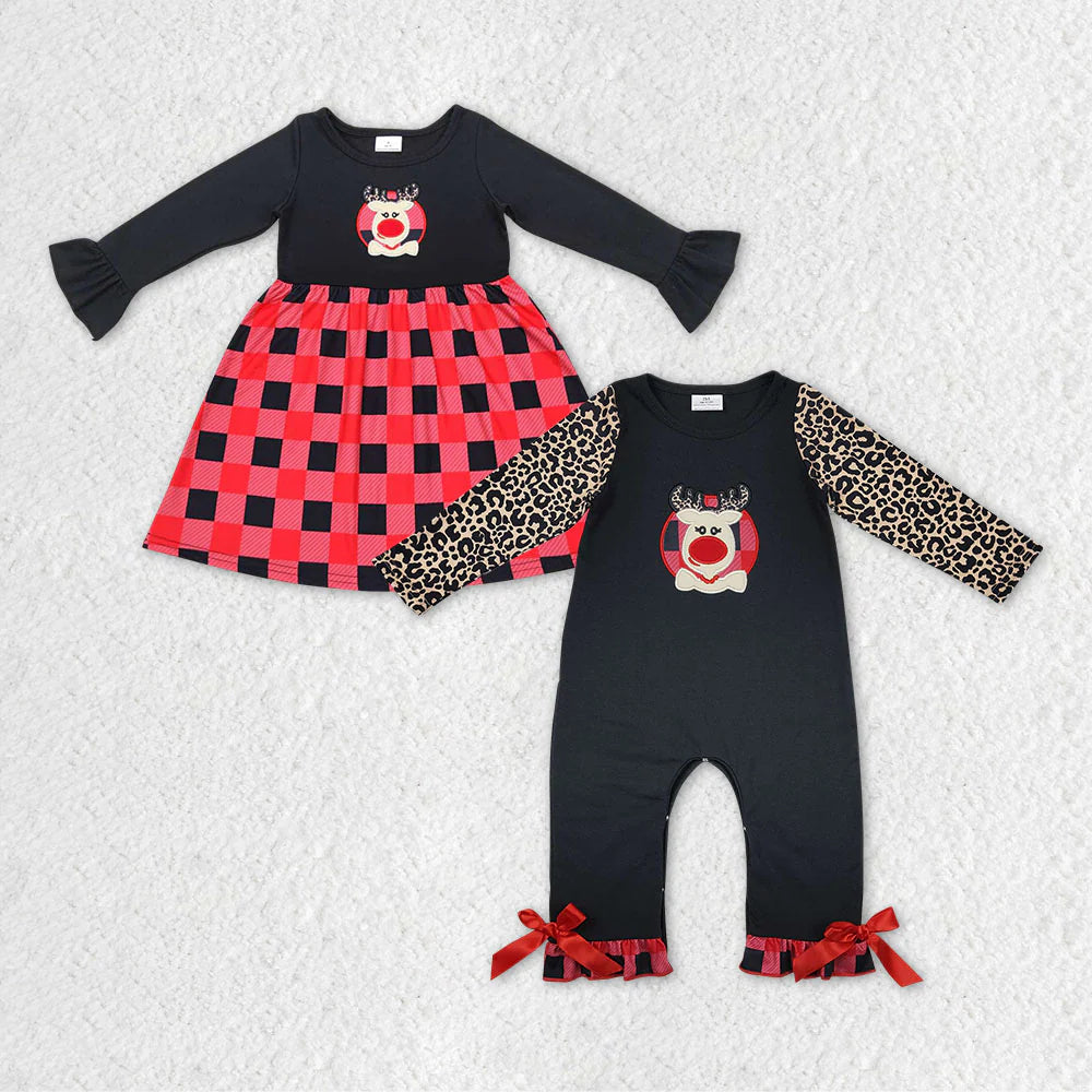 Matching Baby girls Christmas deer red black checkered clothing embroidery