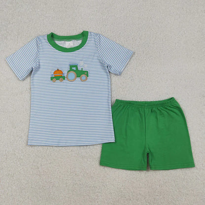 Matching Baby boys halloween pumpkin green stripe clothes embroidery