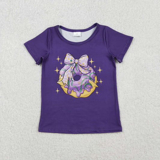 GT1252  Girls Mardi Gras bow short sleeve purple T-shirt top