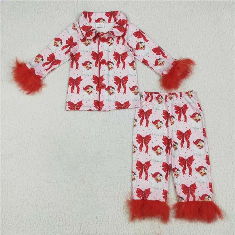 Family Matching Adult Baby girls Santa bow red furry clothing pajamas