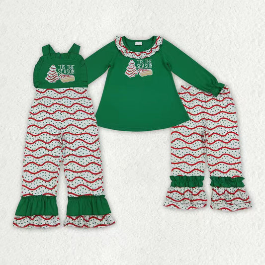 Matching Baby girls Christmas pie wave green clothing embroidery