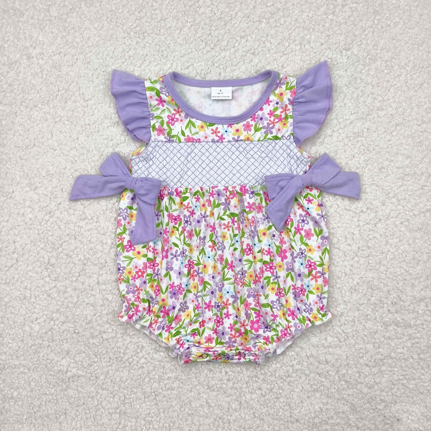 SR2928 Baby girls purple flying sleeve flower bow romper embroidery