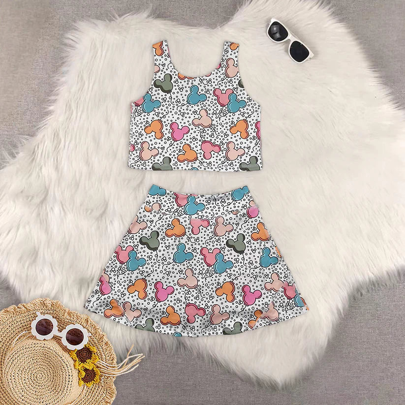Matching RTS baby girl clothes cartoon sleeveless skirt yoga set