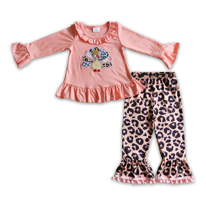Matching Baby girls pink Thanksgiving turkey leopard outfits embroidery clothing
