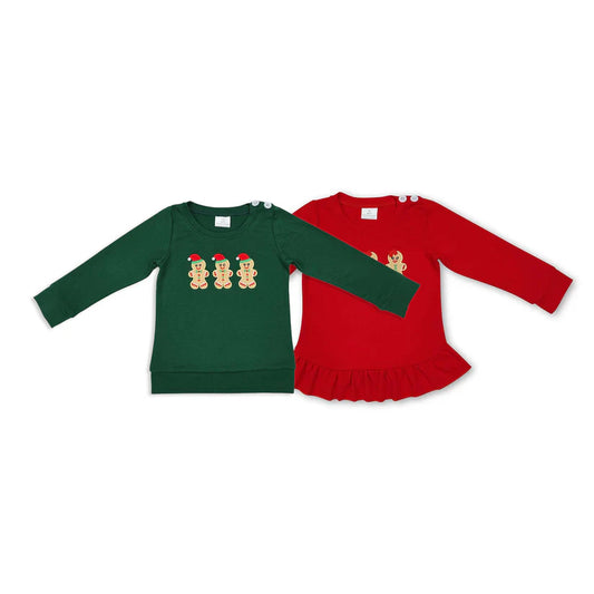 Matching Baby boys girls red green long sleeve top Christmas Gingerbread clothing Embroidery