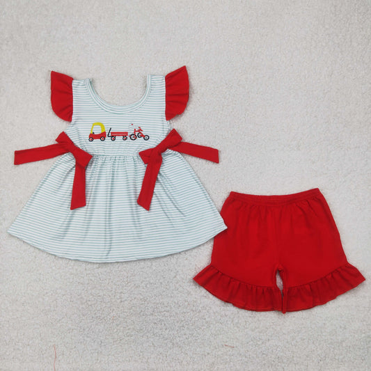 GSSO2404 baby girls red flying sleeve stripe  shorts outfits embroidery