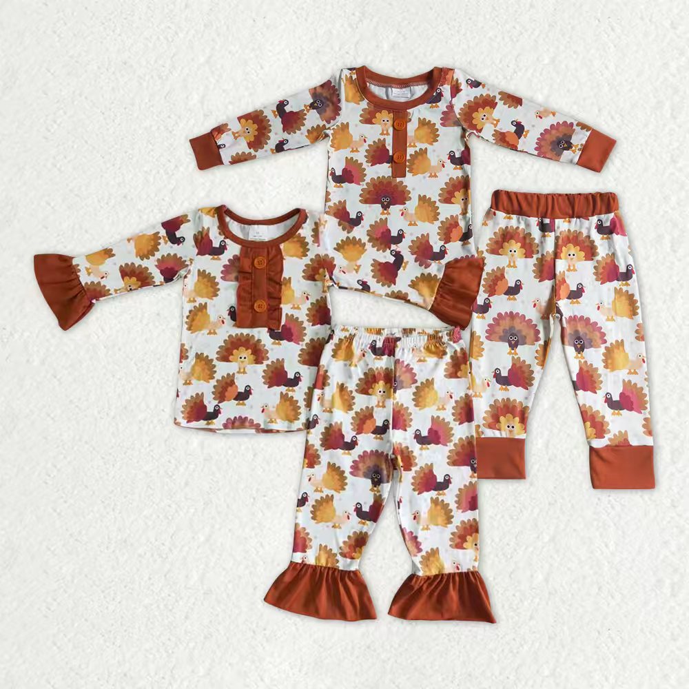 Matching Baby girls boys Thanksgiving orange button pajamas clothing