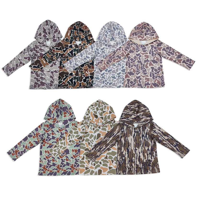 Matching Baby boys camouflage hooded long sleeved tops